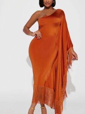NWT One-Shoulder Orange Fringe Midi Dress